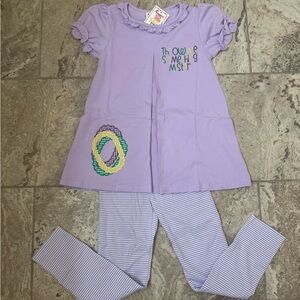 NWT Size 8 Jelly Bean Mardi Gras Top and Striped Leggings Set